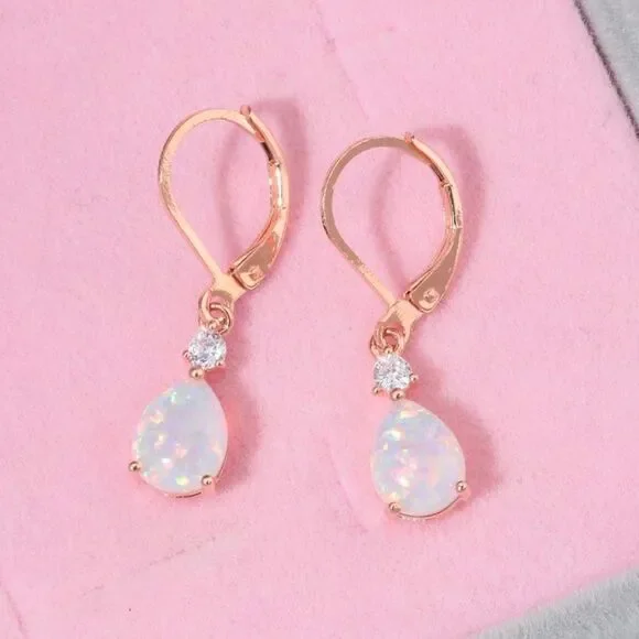 14K Rose Gold with Genuine White Fire Opal and CZ Teardrop  display picture 1